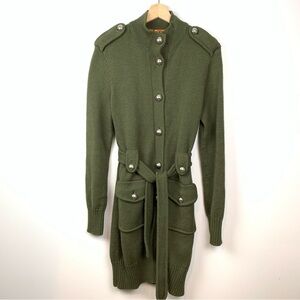 Tory Burch Long Knit Cardigan Green Sz Medium Merino Wool Logo Belt Military